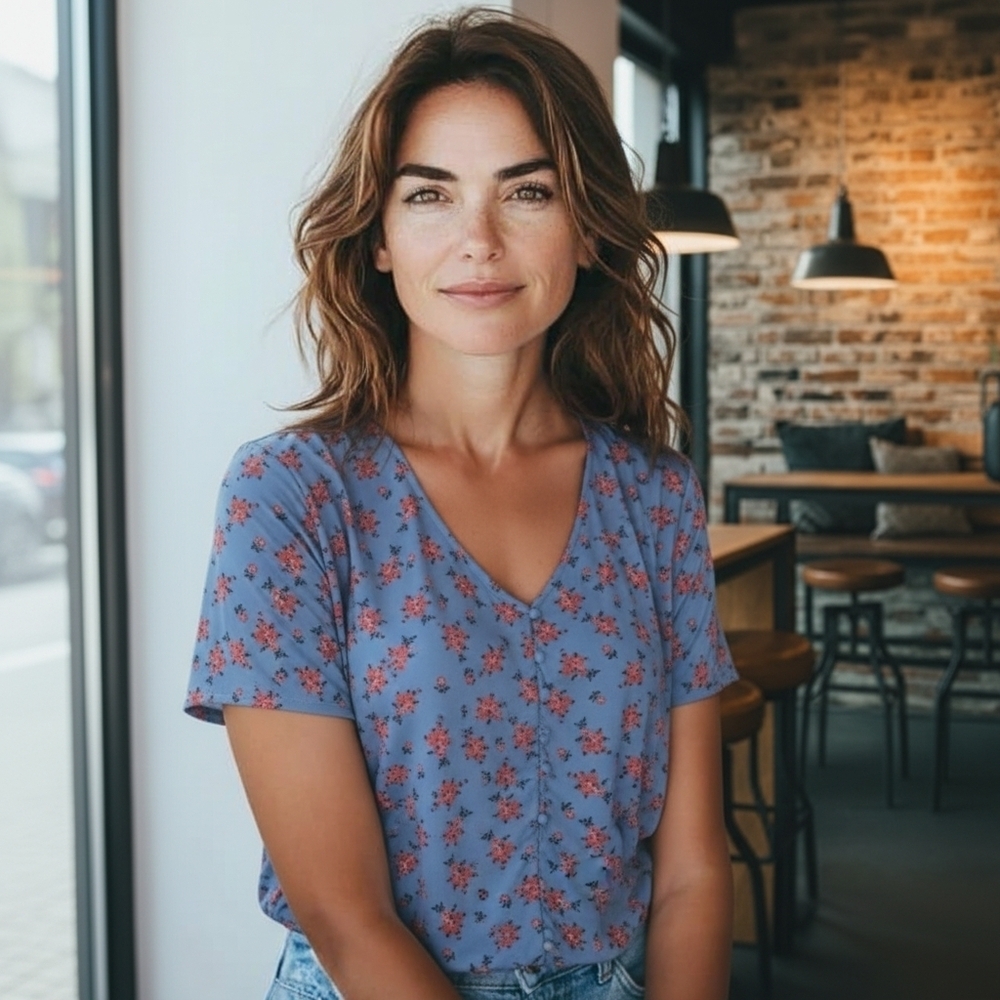 1x Premise Red and Blue Relaxed Short Sleeve Blouse